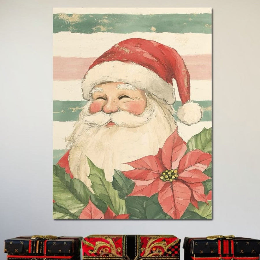 Pânza LuxCanva® Tablou Premium D1054 îl înfățișează pe Moș Craciun cu un zâmbet vesel, culori vibrante și costum festiv, înconjurat de flori de Crăciun și trei cadouri cu model roșu și negru - perfect pentru o atmosferă veselă în sufragerie.