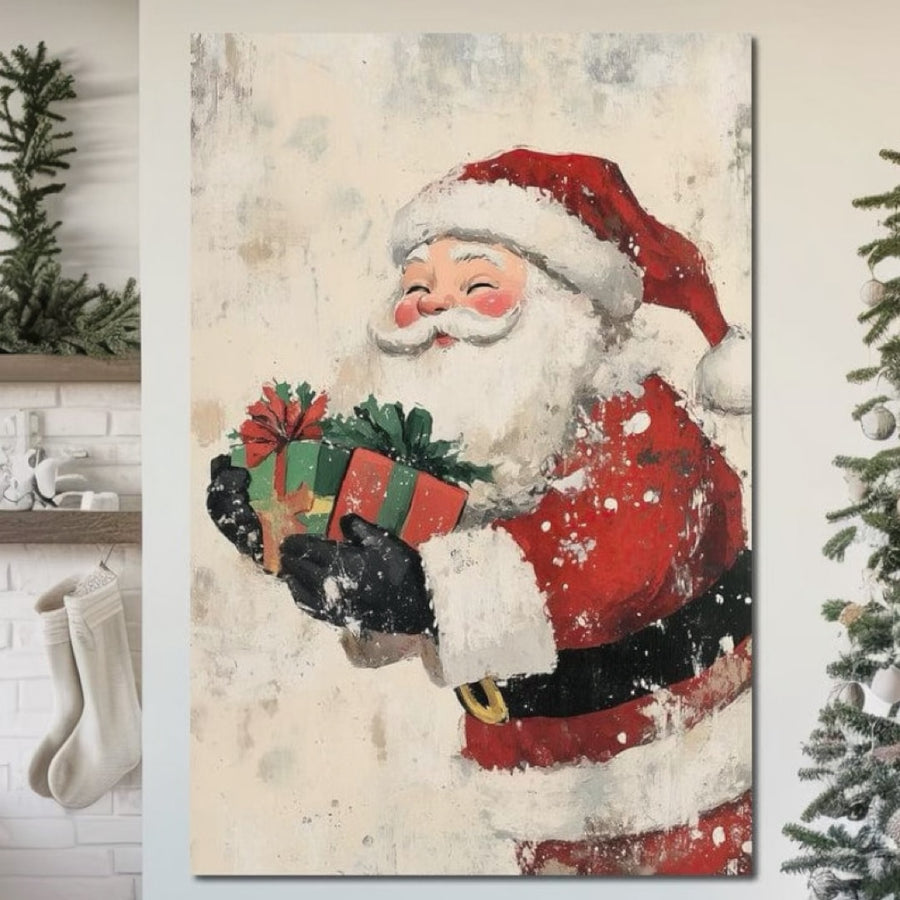 Tablou Canvas Premium LuxCanva® D1055 cu Moș Crăciun în costum roșu, ambalaje colorate și cadouri luminează peretele livingului tău. Print de calitate superioară pe pânză bumbac, perfect pentru decorul magic de Crăciun.