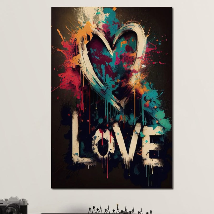 Tablou Canvas Premium LuxCanva® E1000, cu inimă mare și LOVE realizat prin stropi vibranți de albastru, roșu și portocaliu pe pânză bumbac, fundal închis-explozie de culoare și iubire pentru living. Brand: LuxCanva®.