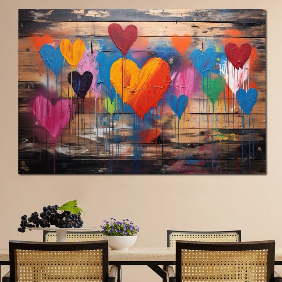 Tablou Canvas Premium LuxCanva® E1003, "O Mare de Inimi", cu inimi colorate și vibrații optimiste, decorează livingul cu fericire. Produs în România, perfect pentru a aduce culori vibrante oricărui spațiu.