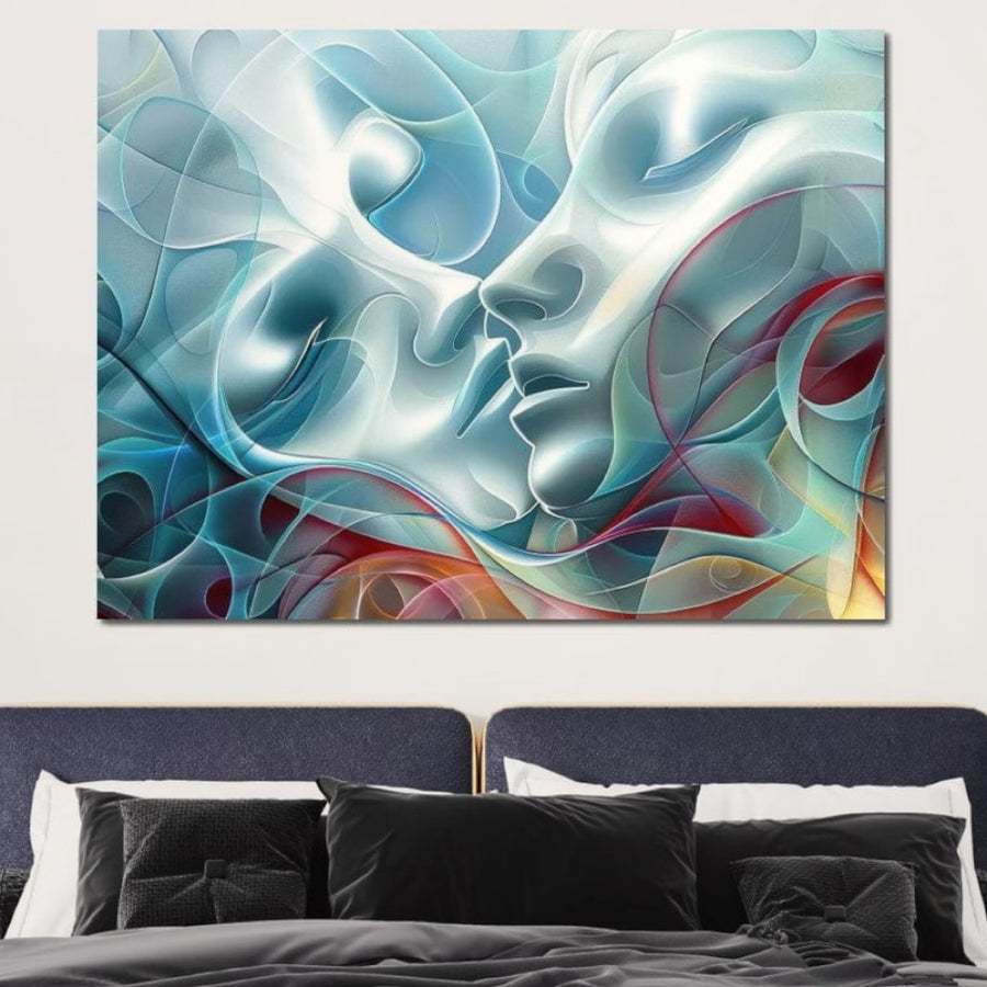 Adaugă un aer eteric dormitorului cu Tablou Canvas Premium LuxCanva® E1004 "Suflete Împletite"-chipuri serene, fluiditate și culori vibrante pentru conexiune și armonie, semnat LuxCanva®.