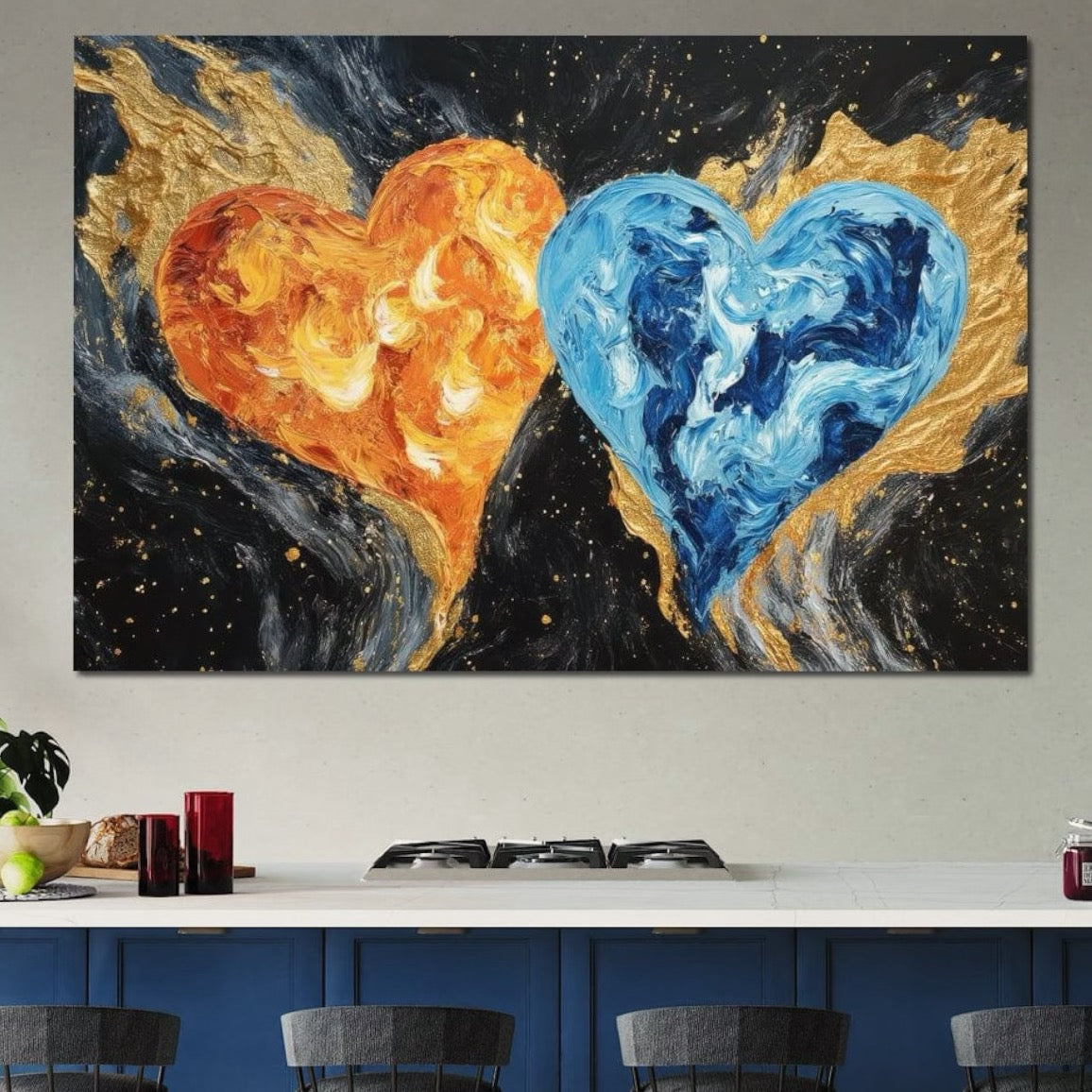 Tablou Canvas Premium LuxCanva® E1005, Inimi de Foc si Gheata, Foc, Apa, Gheata, Pasiune, Infinit, Living Room, Culori vibrante