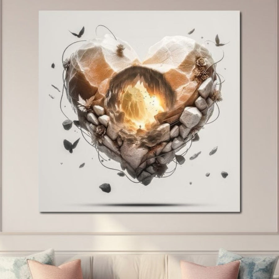Tabloul LuxCanva® Tablou Canvas Premium E1008, "Inima Eterna", prezintă o inimă strălucitoare din piatră crăpată printre pietre, flori și fluturi - aducând culori vibrante și un contrast elegant în camera ta de zi cu calitate premium și speranță eternă.