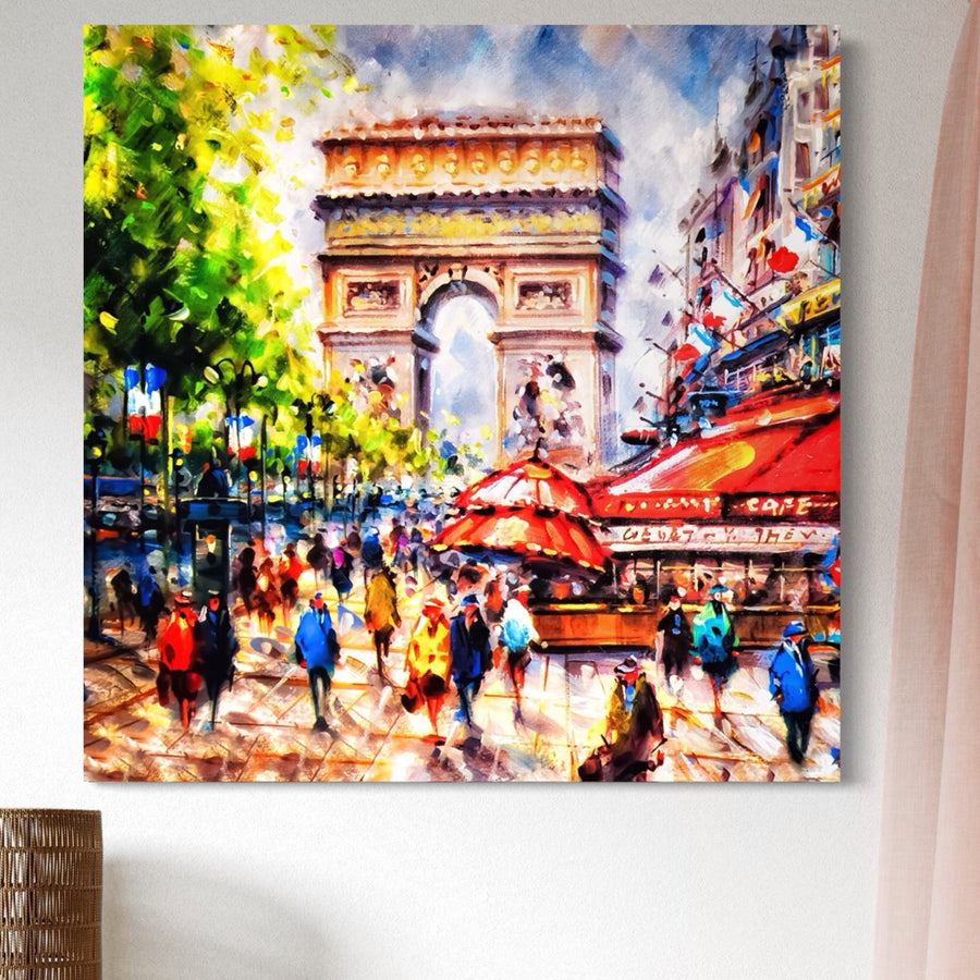 Tablou Canvas Premium LuxCanva® A1066 surprinde o stradă animată din Paris cu Arcul de Triumf, oameni colorați și culori vibrante-print pe pânză, fabricat în România de LuxCanva®.