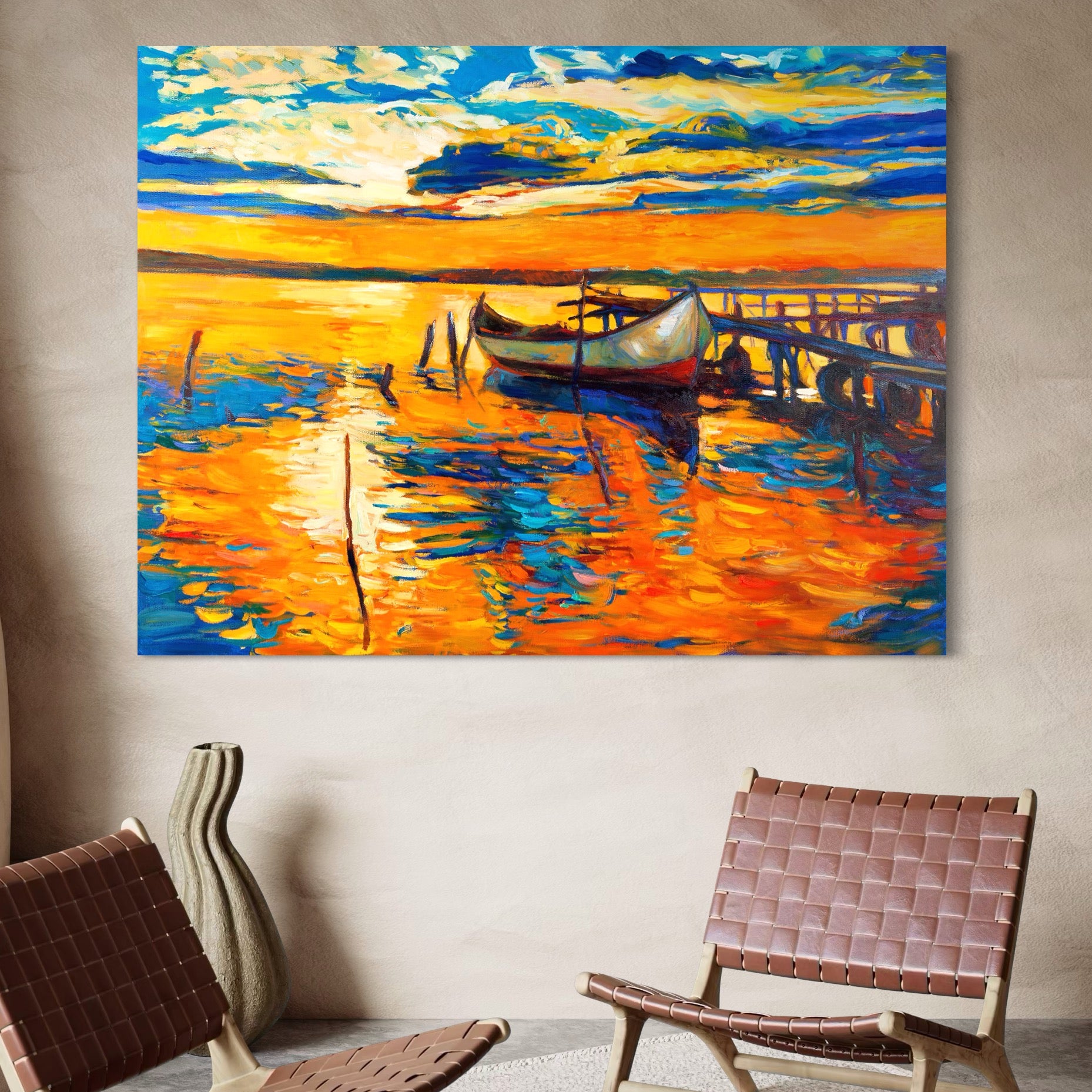 Tablou Canvas Premium LuxCanva® A1064, Barca La Apus , Ponton, Portocaliu, Mare, Abstract, Culori Vibrante