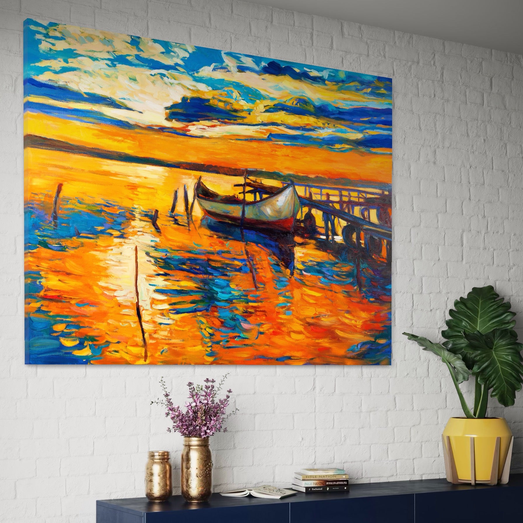 Tablou Canvas Premium LuxCanva® A1064, Barca La Apus , Ponton, Portocaliu, Mare, Abstract, Culori Vibrante