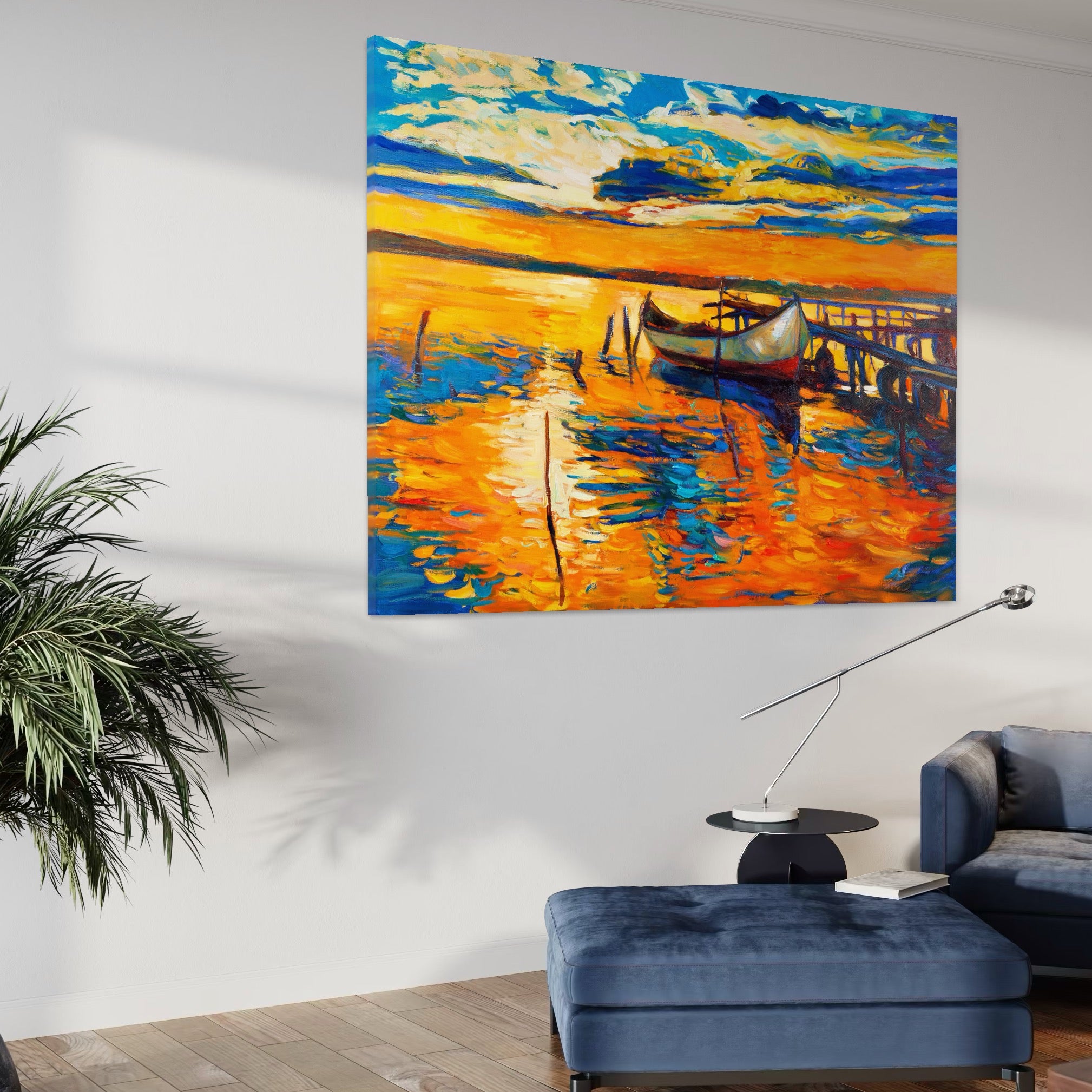Tablou Canvas Premium LuxCanva® A1064, Barca La Apus , Ponton, Portocaliu, Mare, Abstract, Culori Vibrante