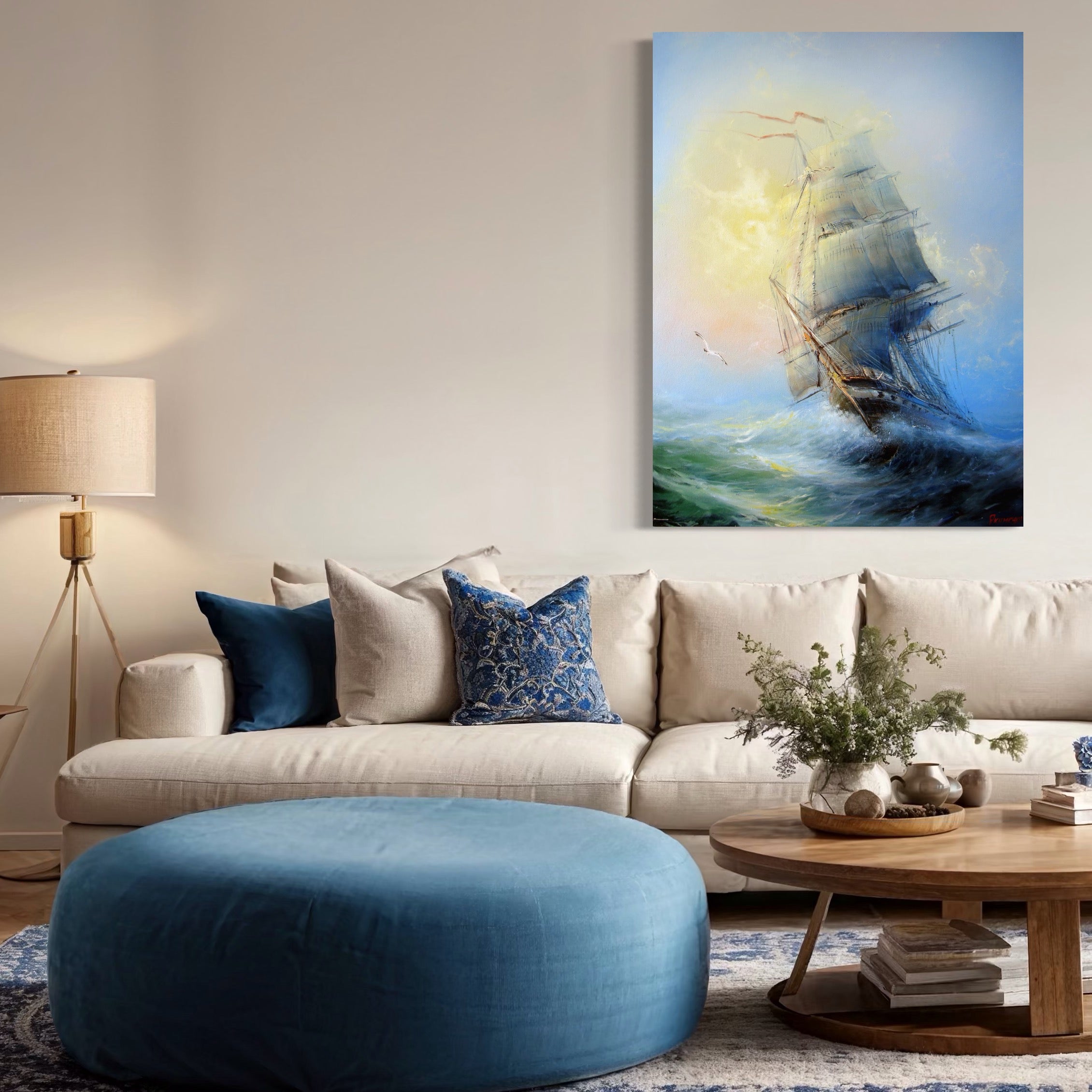 Tablou Canvas Premium LuxCanva® A1063, Vapor Pe Mare , Valuri, Furtuna, Vele, Culori Vibrante