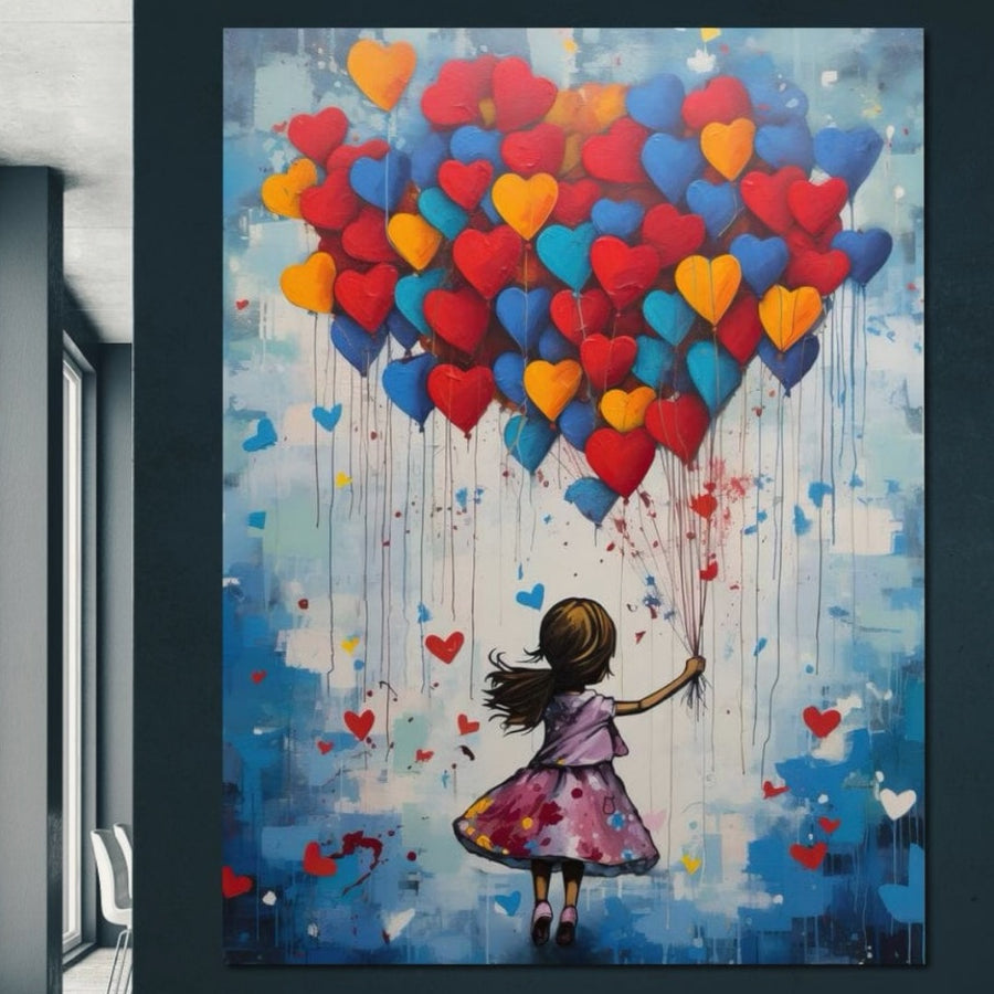Tablou Canvas Premium LuxCanva® E1019, Inaltarea Inimilor spre Cer - o fată cu inimi, print premium pe panza bumbac de la LuxCanva®, ideal pentru living, în culori vibrante.
