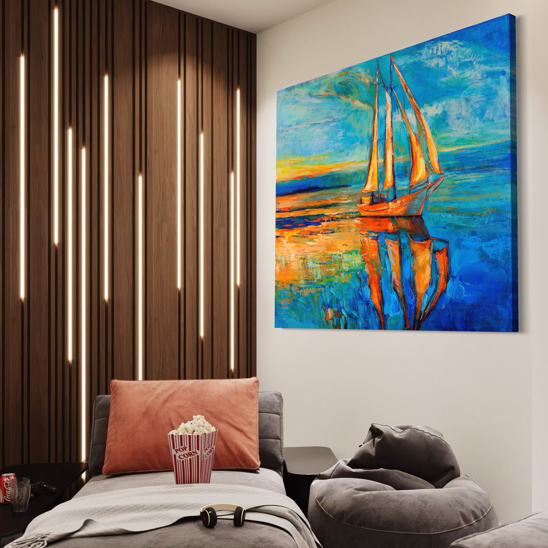 Tablou Canvas Premium LuxCanva® A1062, Pescar In Barca , Peisaj, Mare, Portocaliu, Abstract, Culori Vibrante