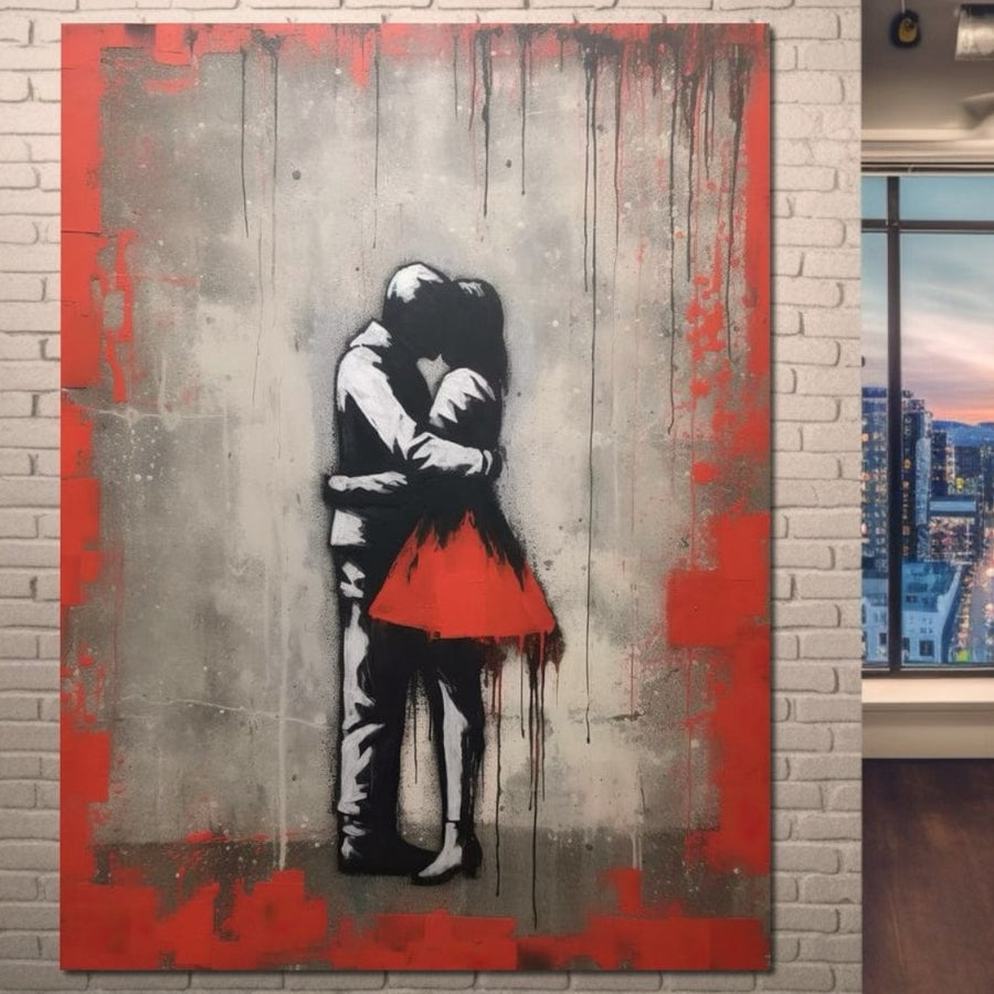 Tabloul LuxCanva® Tablou Canvas Premium LuxCanva® E1020, "Un moment pentru eternitate", prezintă un cuplu care se îmbrățișează, cu fusta femeii în roșu, culori vibrante și pasiune - ideal pentru camera dvs. de zi.