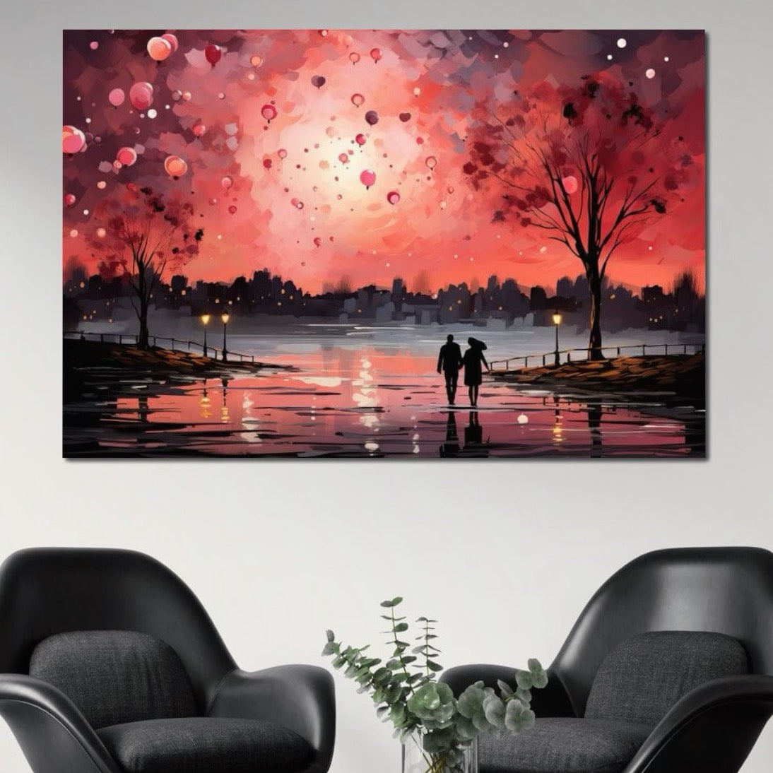 Tablou Canvas Premium LuxCanva® E1021, Plimbare Sub Cerul Inflacarat, Apus, Doi, Cuplu, Apa, Urban, Living Room, Culori vibrante