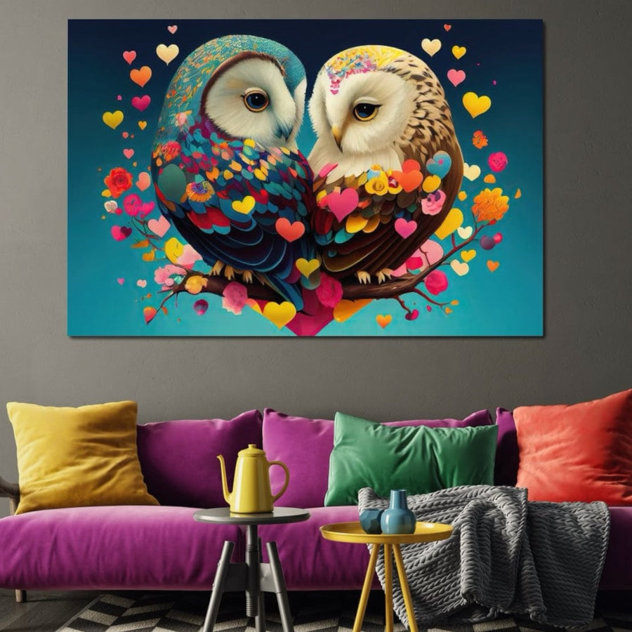 Tabloul LuxCanva® Tablou Canvas Premium LuxCanva® E1022 "Bufnitele Iubirii" prezintă bufnițe, inimi și flori vibrante - perfect pentru a adăuga culoare și armonie deasupra canapelei dvs. moderne din camera de zi.