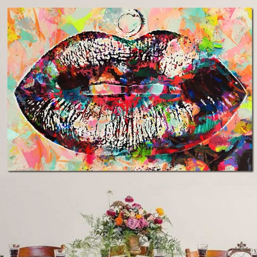 Tabloul LuxCanva® Tablou Canvas Premium LuxCanva® E1028, Sarut Pop Art, Buze prezintă buze neon vibrante și stropi de culori glamour, perfecte pentru a adăuga senzualitate cromatică camerei dvs. de zi.