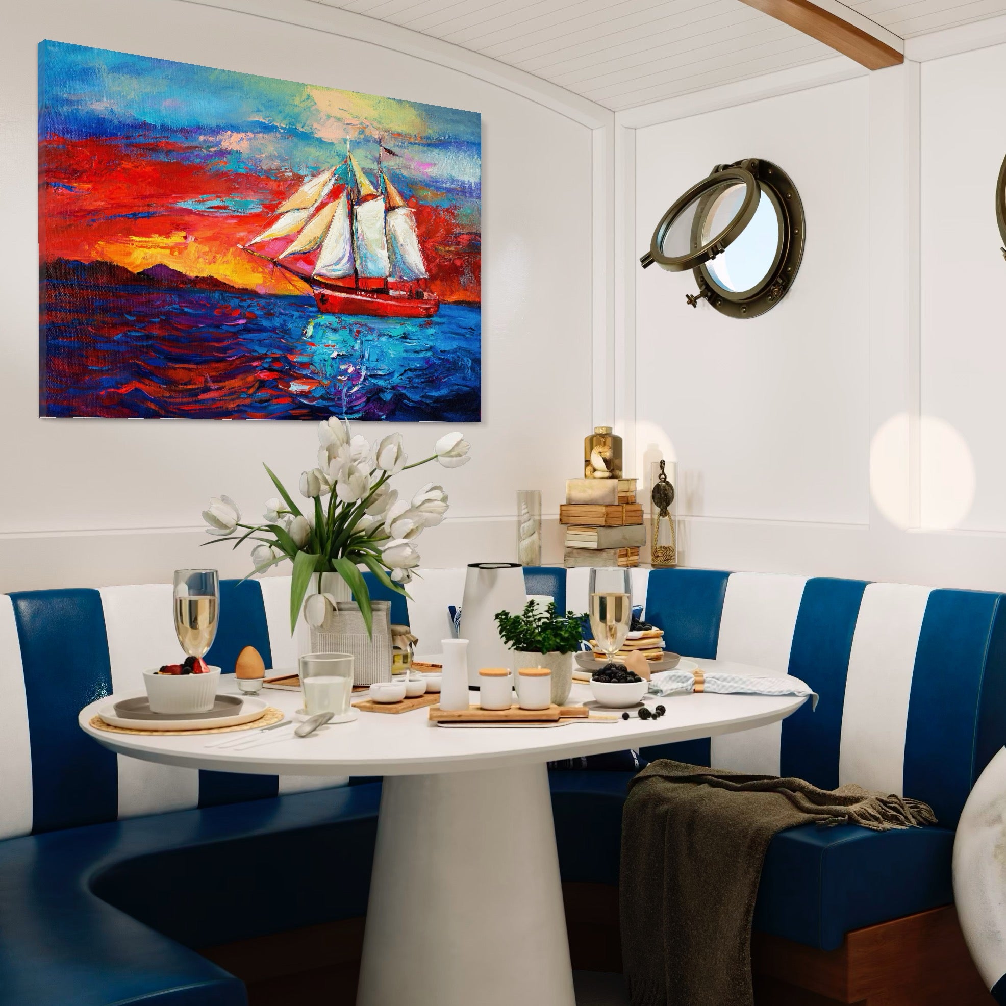 Tablou Canvas Premium LuxCanva® A1061, Vapor Cu Vele , Peisaj, Mare, Rosu, Albastru, Abstract, Culori Vibrante