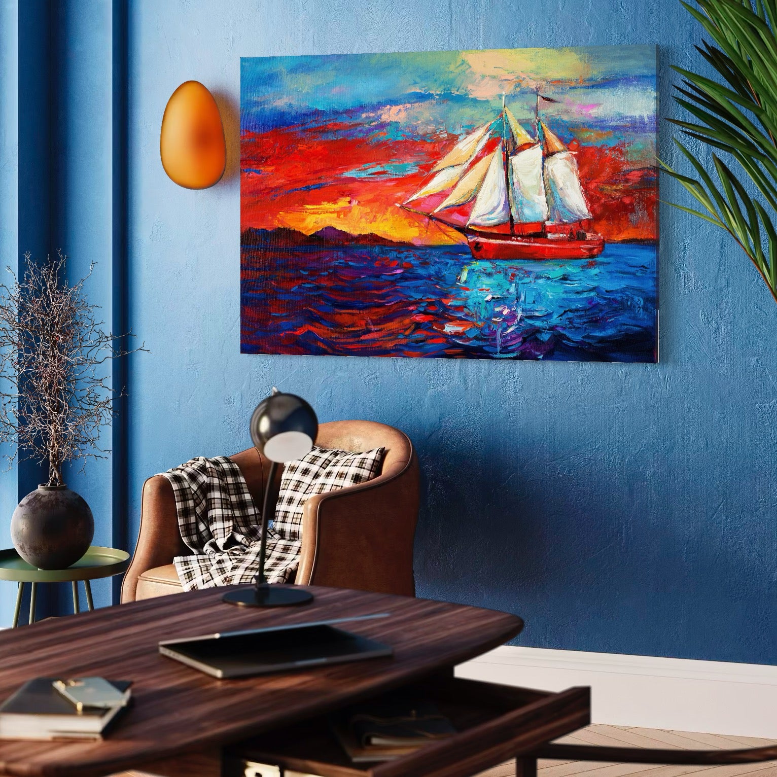 Tablou Canvas Premium LuxCanva® A1061, Vapor Cu Vele , Peisaj, Mare, Rosu, Albastru, Abstract, Culori Vibrante