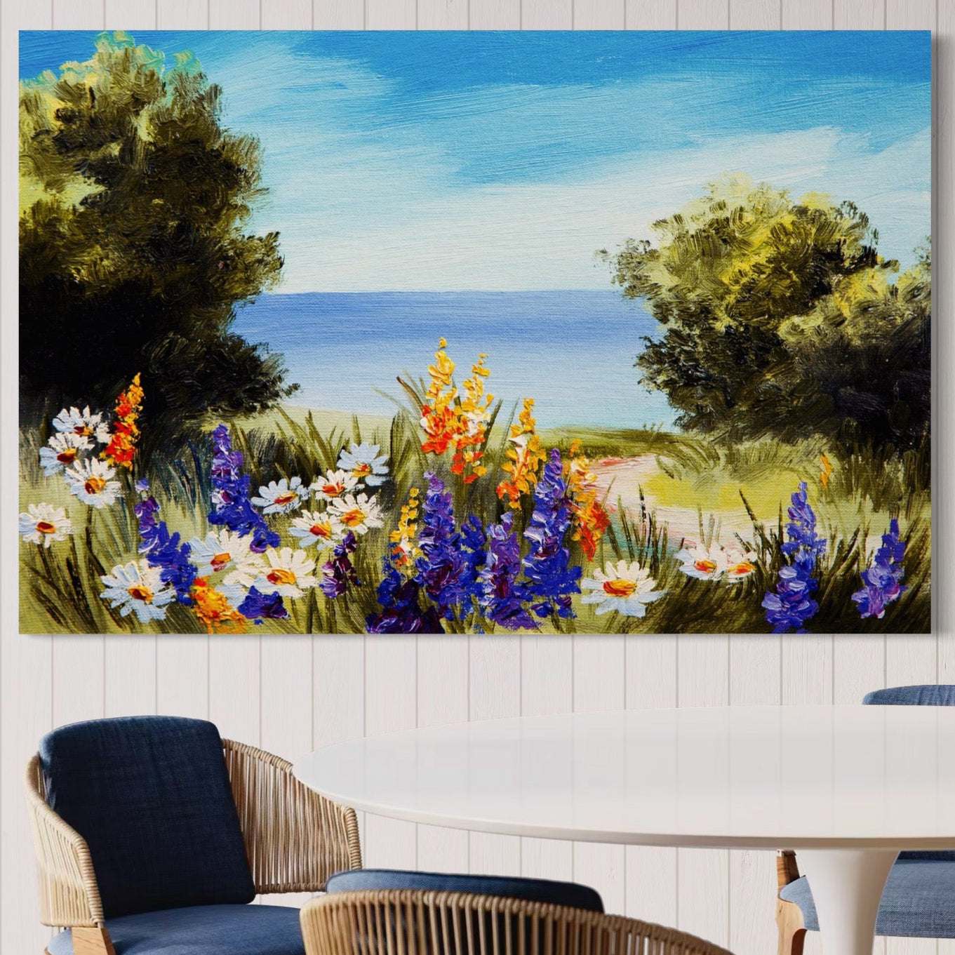 Tablou Canvas Premium LuxCanva® A1060, Flori Violet , Peisaj, Flori Albe, Mare, Natura, Culori Vibrante