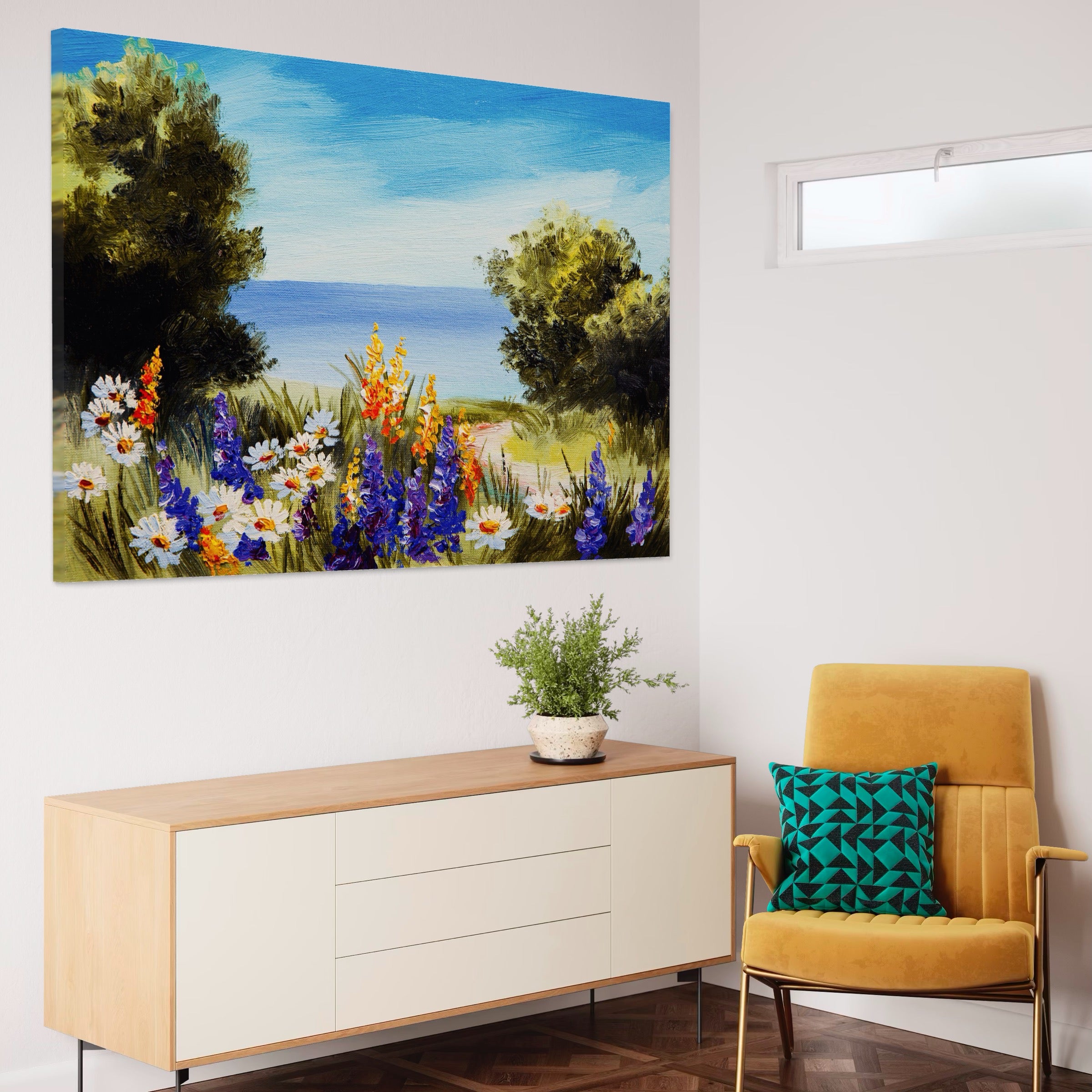 Tablou Canvas Premium LuxCanva® A1060, Flori Violet , Peisaj, Flori Albe, Mare, Natura, Culori Vibrante