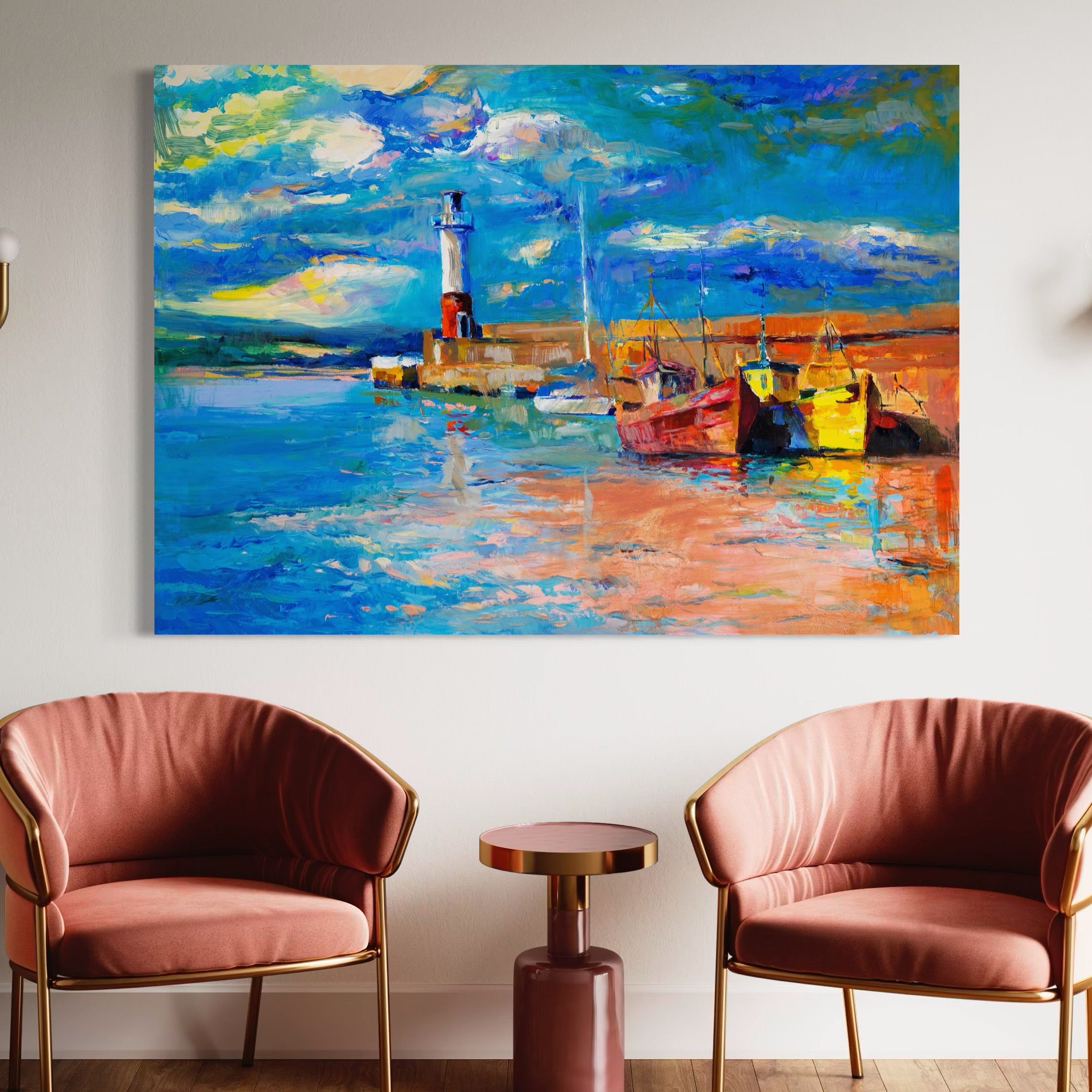 Tablou Canvas Premium LuxCanva® A1059, Barci In Port ,  Peisaj, Far, Apus de Soare, Cer Albastru, Culori Vibrante