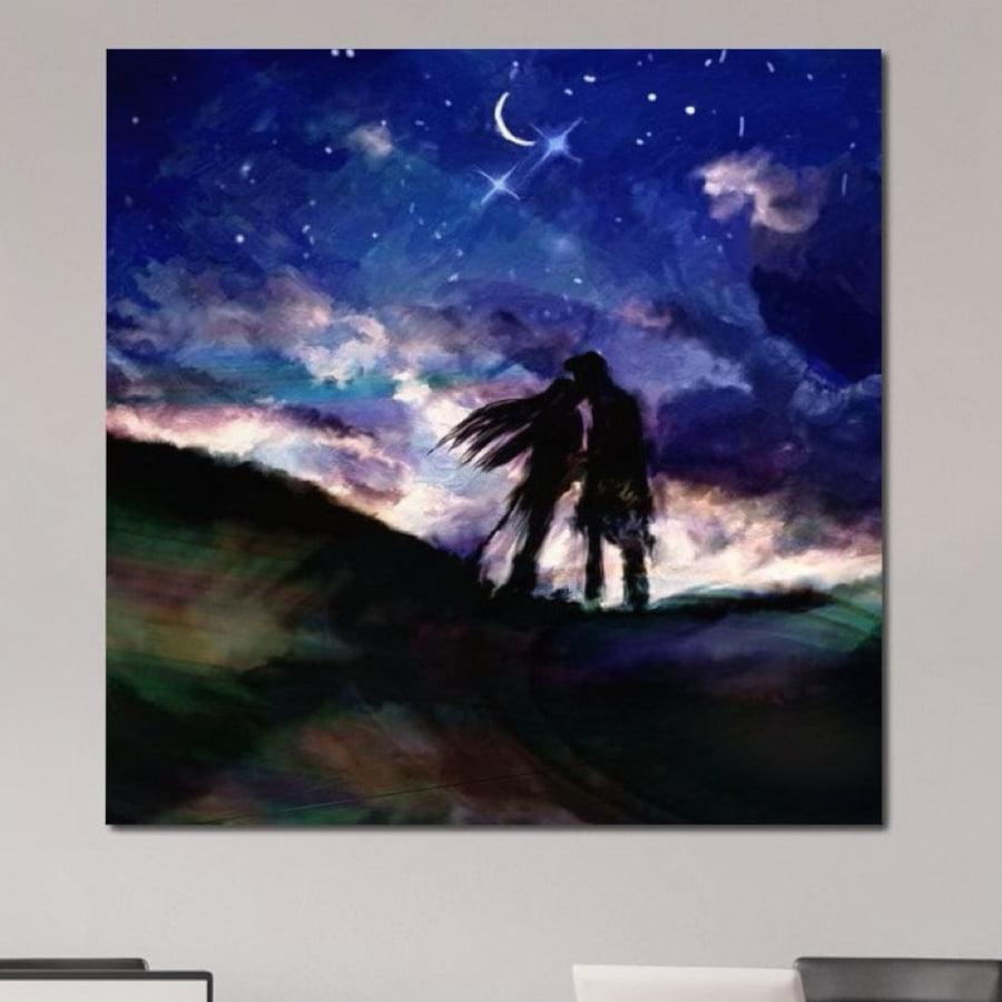 Tablou Canvas Premium LuxCanva® E1033, Sarut sub Cerul Instelat: doi oameni pe un deal sub un cer înstelat și nori colorați, ideal pentru living, cu culori vibrante. Decor elegant de la LuxCanva®.