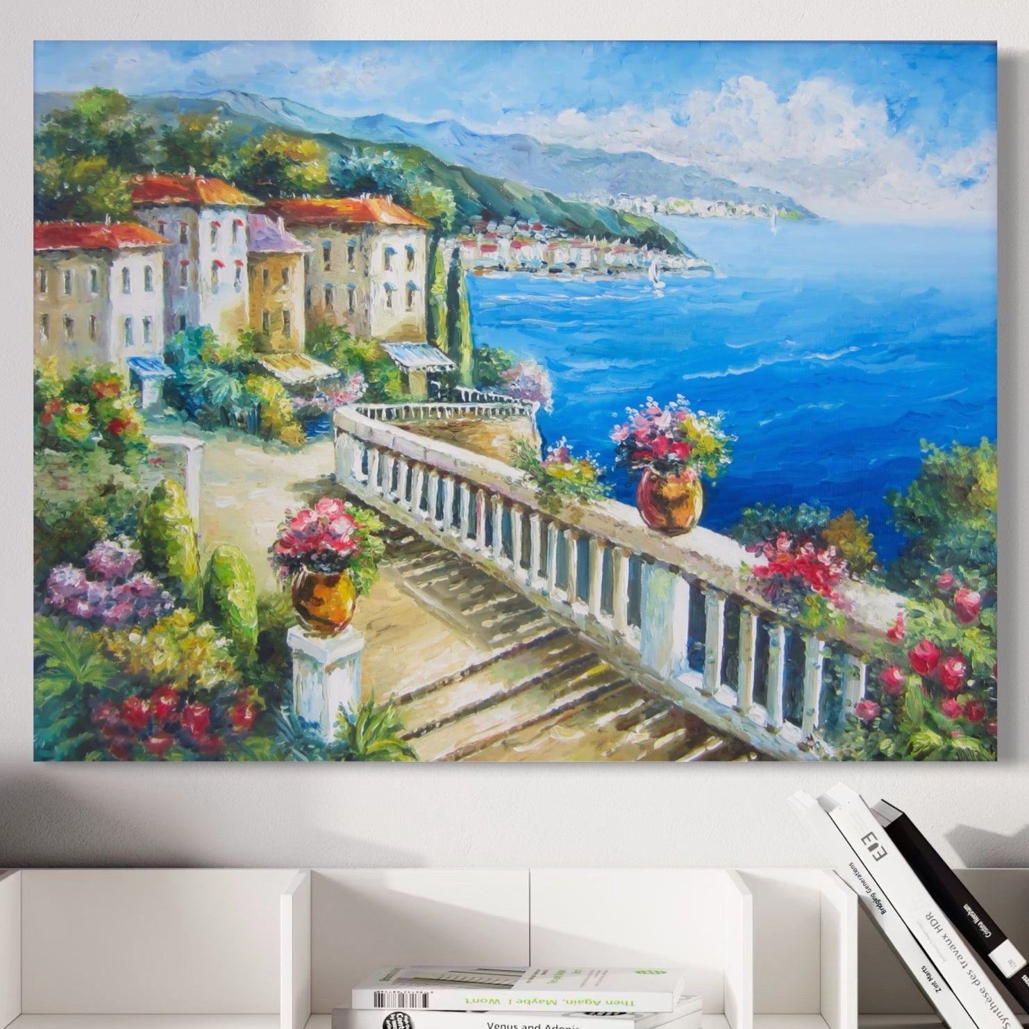 Tablou Canvas Premium LuxCanva® A1058, Case Pe Malul Marii ,  Peisaj, Flori, Cer Albastru, Munte, Culori Vibrante