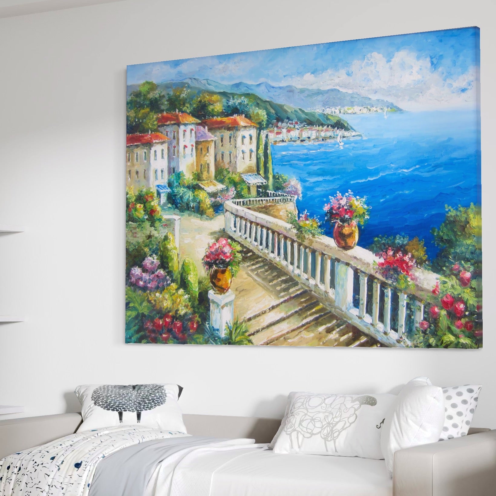 Tablou Canvas Premium LuxCanva® A1058, Case Pe Malul Marii ,  Peisaj, Flori, Cer Albastru, Munte, Culori Vibrante