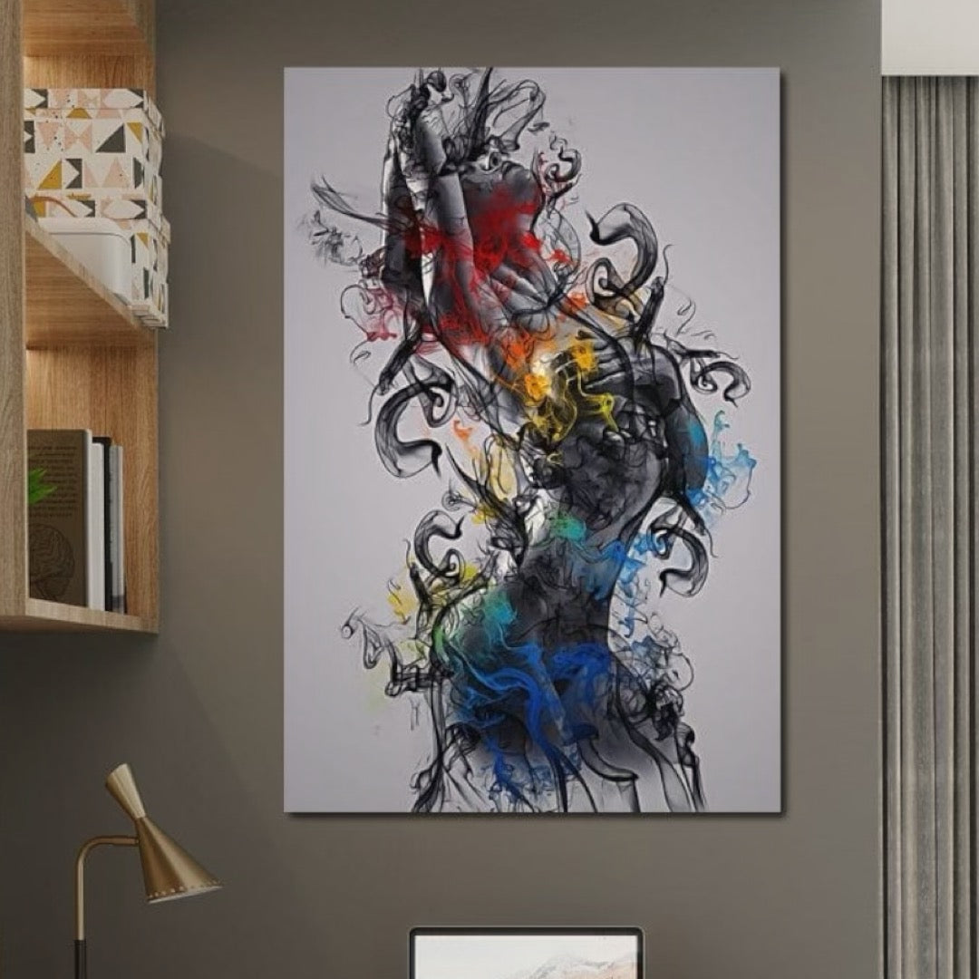 Tablou Canvas Premium LuxCanva® E1038, Femeie in Foc si Fum, Ardere, Foc, Fum, Femeie, Renastere, Living Room, Culori vibrante