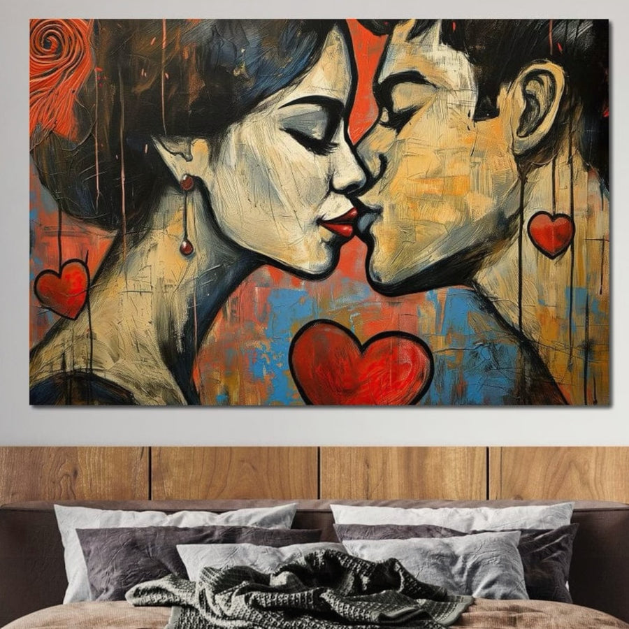 Tablou Canvas Premium LuxCanva® E1039, "Iubire Nemuritoare", prezintă un cuplu romantic înconjurat de inimi roșii, pe fundal vibrant. Ideal pentru living, oferă un aspect premium cu culori vibrante și detalii de calitate.