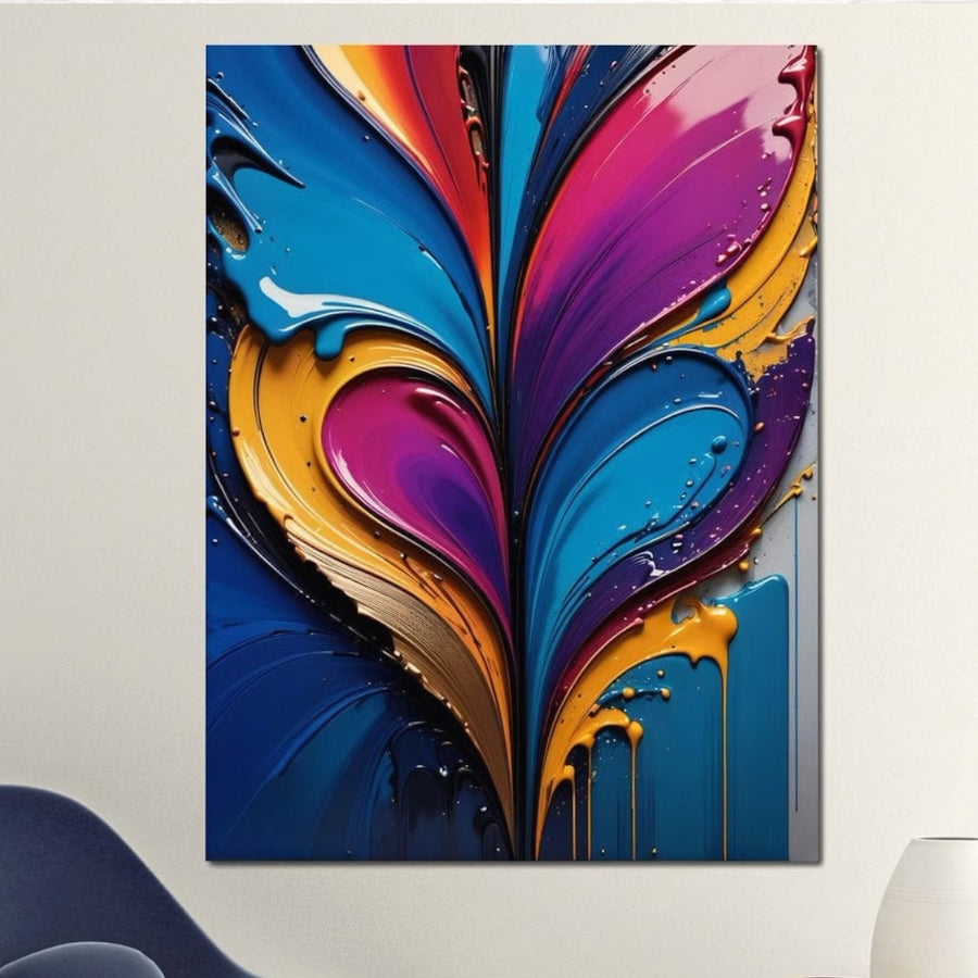 Tablou Canvas Premium LuxCanva® E1040, Aripile Vietii: un abstract fluid cu aripi și culori vibrante, expus deasupra unui scaun albastru pe perete alb, perfect pentru living.