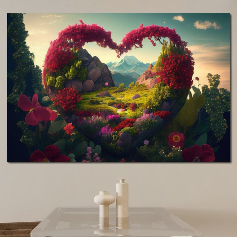 Tabloul LuxCanva® Tablou Canvas Premium E1041, "Colt de Rai", prezintă un peisaj floral vibrant în formă de inimă, cu verdeață luxuriantă și munți, perfect pentru camera de zi, deasupra unei mese moderne cu vaze minimaliste.