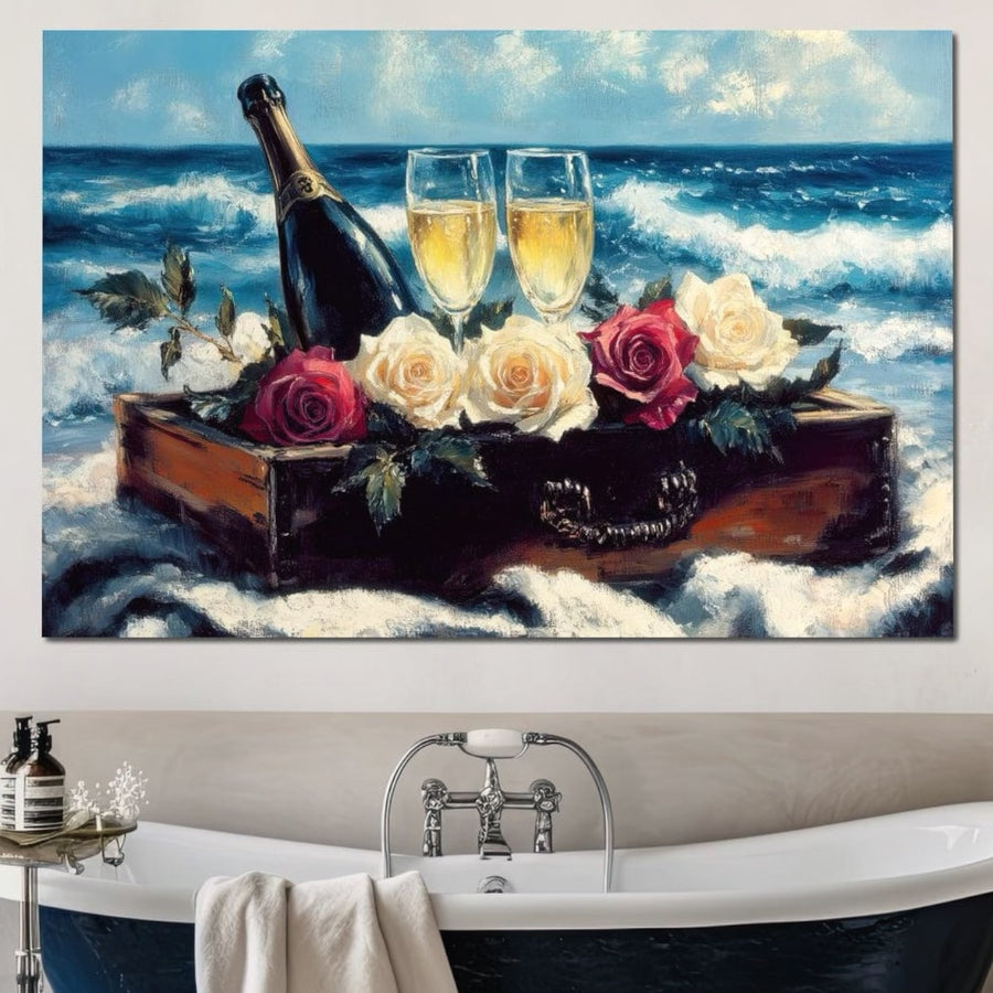 Tabloul LuxCanva® Tablou Canvas Premium LuxCanva® E1052 afișează șampanie vibrantă, pahare și trandafiri lângă valurile oceanului - perfect pentru a adăuga lux exotic camerei dvs. de zi.