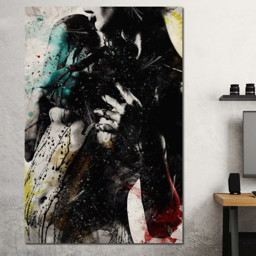 Tablou Canvas Premium LuxCanva® E1054, "Fragment de Pasiune", cu culori vibrante și pasiune abstractă, atârnă pe un perete deschis la culoare, lângă un birou, adăugând energie și stil camerei de zi.