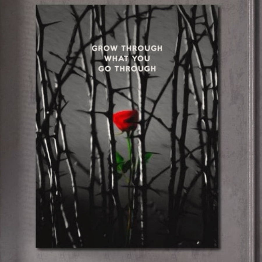 Un tablou canvas premium LuxCanva® F1000 cu o trandafir roșu, frunze verzi și ramuri întunecate pe fund alb-negru, decorat cu textul "GROW THROUGH WHAT YOU GO THROUGH"-simbol al speranței, vindecării și perseverenței.