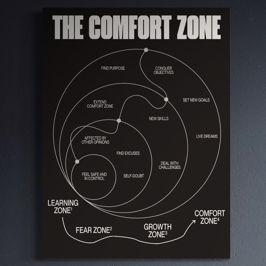 Tablou Canvas Premium LuxCanva® A1052, The Comfort Zone, afișează zonele Comfort, Growth, Fear și Learning pe panza bumbac calitate premium, ilustrând drumul spre succes. Decor motivațional ideal de la LuxCanva®, în culori vibrante.