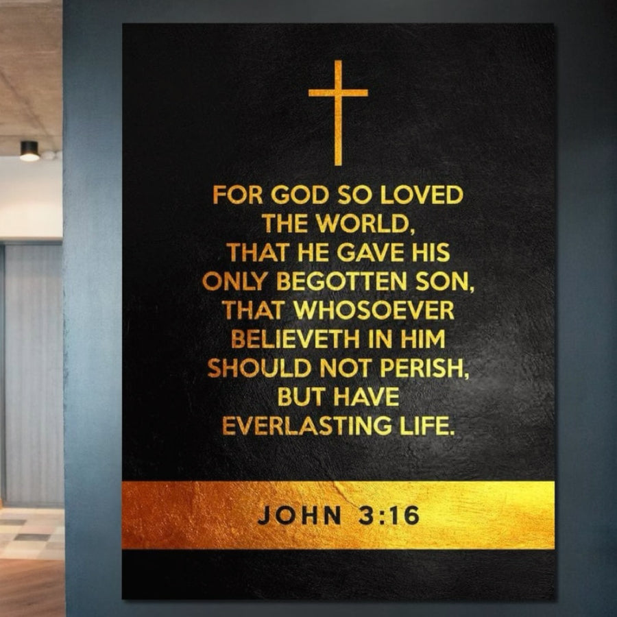 Tabloul LuxCanva® Tablou Canvas Premium F1005, "Puterea Credintei", prezintă o cruce aurie și Ioan 3:16 în auriu pe negru, simbolizând dragostea lui Dumnezeu și promisiunea mântuirii prin credință - perfect pentru a adăuga o notă divină camerei dvs. de zi.