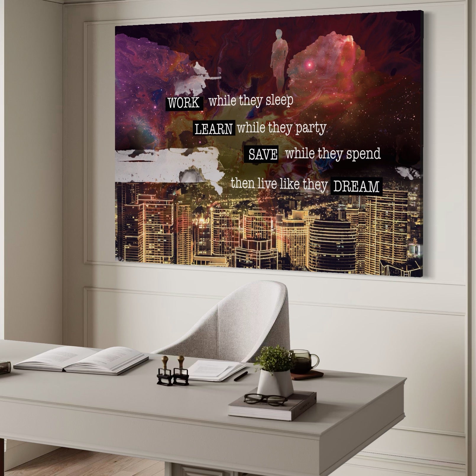 Tablou Canvas Premium LuxCanva® A1050, Dreams Work , Visuri, Munca, Succes, Motivational, Culori Vibrante