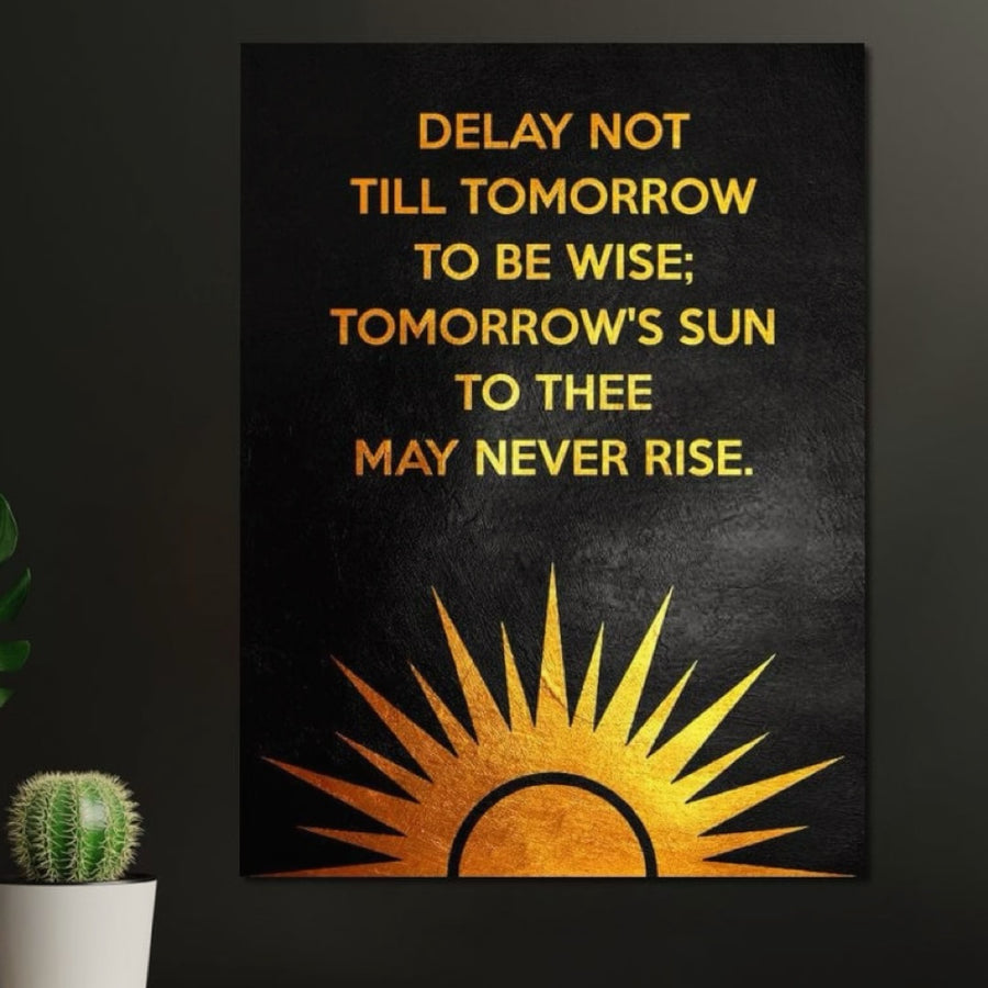 Tabloul LuxCanva® Tablou Canvas Premium F1008, "Lumina Deciziilor de Azi", prezintă culori vibrante și un citat inspirațional despre valorificarea oportunităților. Ideală pentru living sau birou, aceasta adaugă o notă de reflecție și stil spațiului tău.