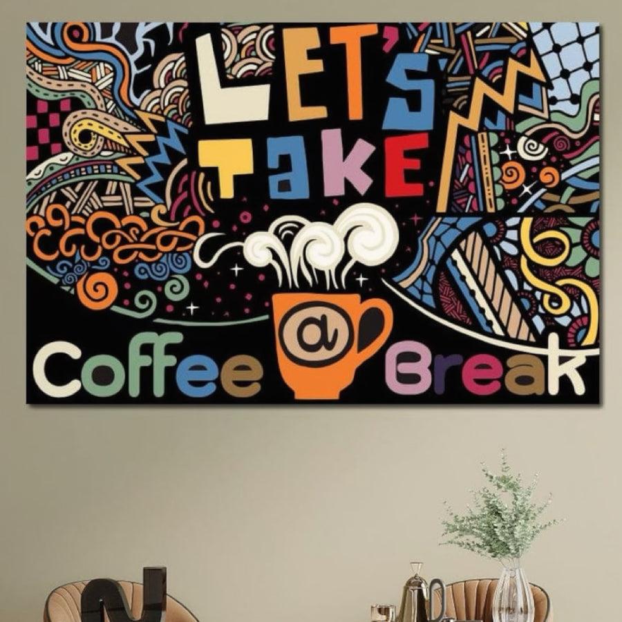 Adaugă energie vibrantă spațiului tău cu Tablou Canvas Premium LuxCanva® F1010: "Pauza de Cafea", cu text românesc îndrăzneț și desene abstracte - perfect pentru living, cafenea sau birou. Artă de perete de calitate de la LuxCanva®, realizată în România.