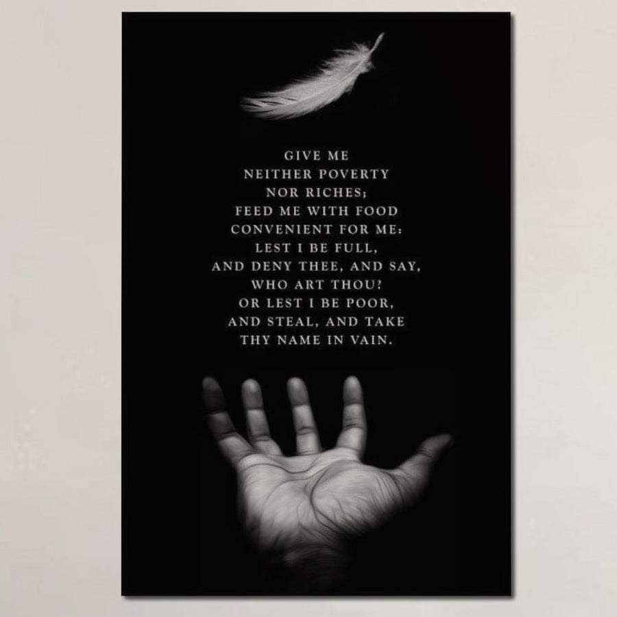 Tablou Canvas Premium F1011 de la LuxCanva® are culori vibrante, o temă spirituală cu o mână deschisă, o pană și un citat inspirat din rugăciune despre echilibru, credință și umilință - perfect pentru spațiile de locuit sau de birou.