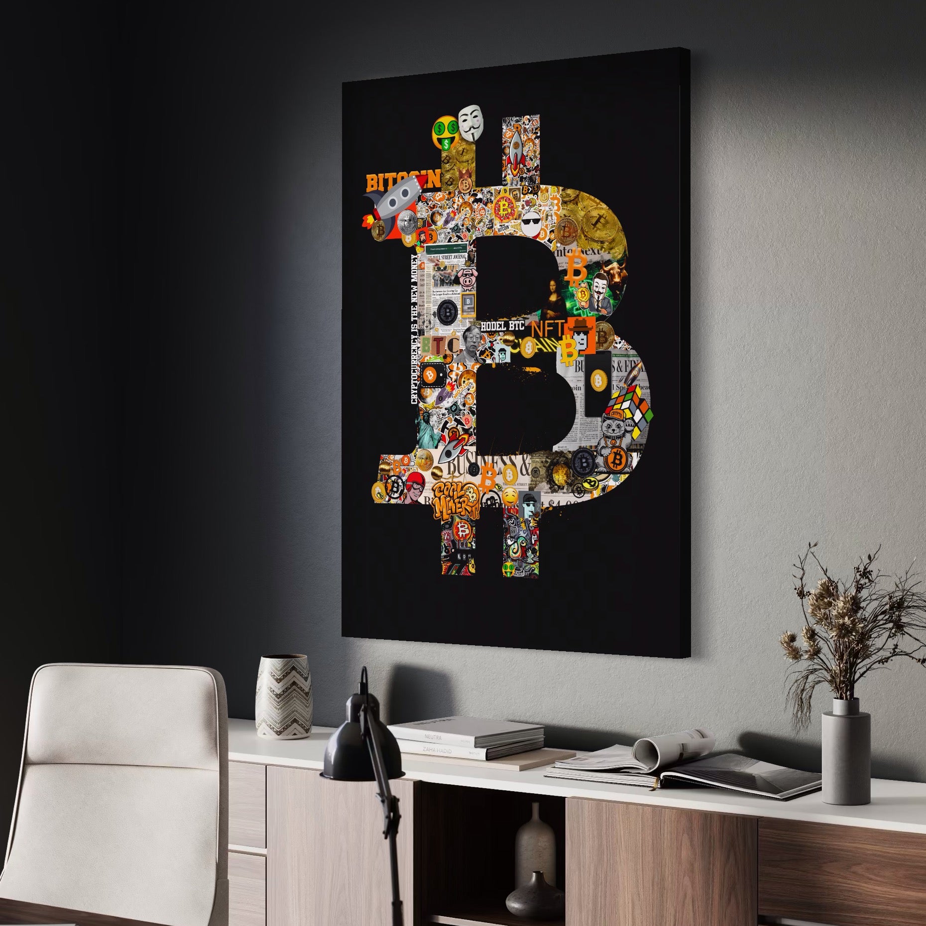 Tablou Canvas Premium LuxCanva® A1029, Bitcoin , Decorativ, Criptomoneda, BTC, Motivational, Culori Vibrante