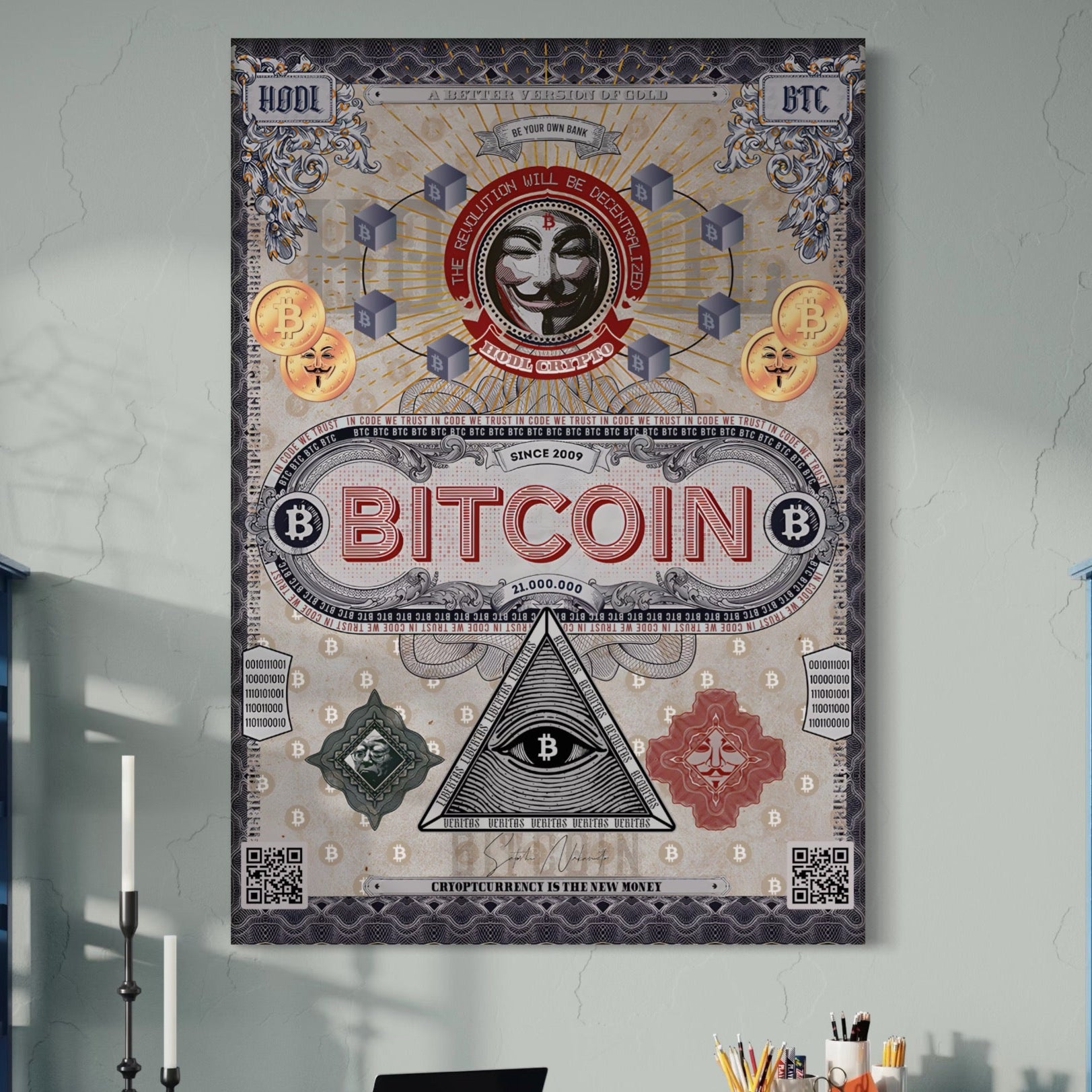 Tablou Canvas Premium LuxCanva® A1028, Bitcoin , Decorativ, Criptomoneda, BTC, Motivational, Culori Vibrante
