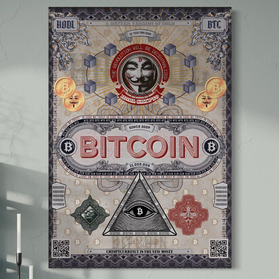 Pânza Tablou LuxCanva® Premium LuxCanva® A1028 este o pânză decorativă vibrantă cu tematică Bitcoin, cu motive criptografice și design motivațional, perfectă pentru a vă lumina spațiul cu inspirație.