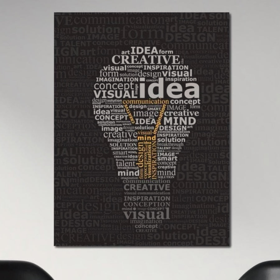 Tablou Canvas Premium F1025 de la LuxCanva® are un word art în formă de bec cu termeni precum "Inovatie" și "Idei" pe un fundal închis, imprimat pe bumbac panza premium - perfect pentru camera de zi sau birou.