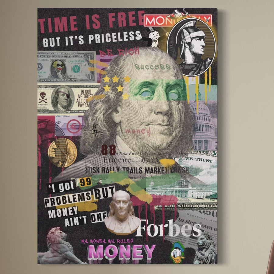 Adaugă culoare vibrantă spațiului tău cu Tablou Canvas Premium LuxCanva® A1026-Portretul lui Benjamin Franklin cu elemente graffiti, decupaje din reviste și bancnote de un dolar. Perfect pentru decor motivațional. Calitate premium de LuxCanva®.