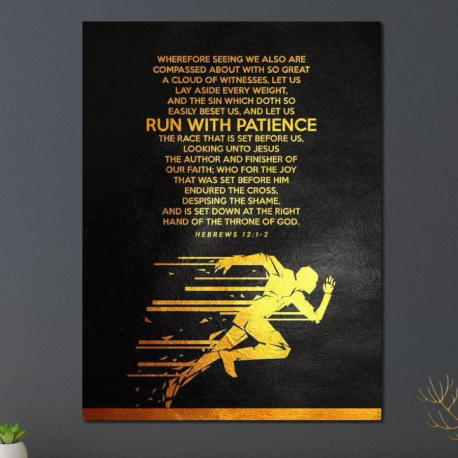Tablou Canvas LuxCanva® Premium F1031, "Aleargă Spre Victorie", cu verset biblic și mesaj despre răbdare și perseverență, în culori vibrante-ideal pentru living sau birou. Print pe pânză de calitate premium.