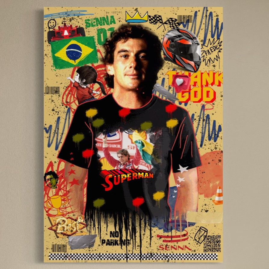 Tablou Canvas Premium LuxCanva® A1023 cu Ayrton Senna, pilot de Formula 1, campion, imprimat pe pânză calitate superioară, design colorat cu mașini de curse și steagul Braziliei. Decor vibrant de la LuxCanva®.