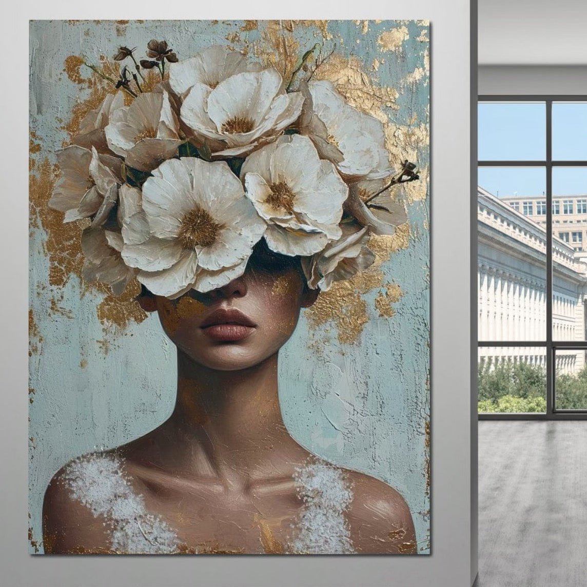 Tablou Canvas Premium LuxCanva® G1000, Ganduri Inflorite ,  Flori, Frumusete, Alb, Auriu, Petale, Estetica, Portret, Living, Dormitor, Culori vibrante