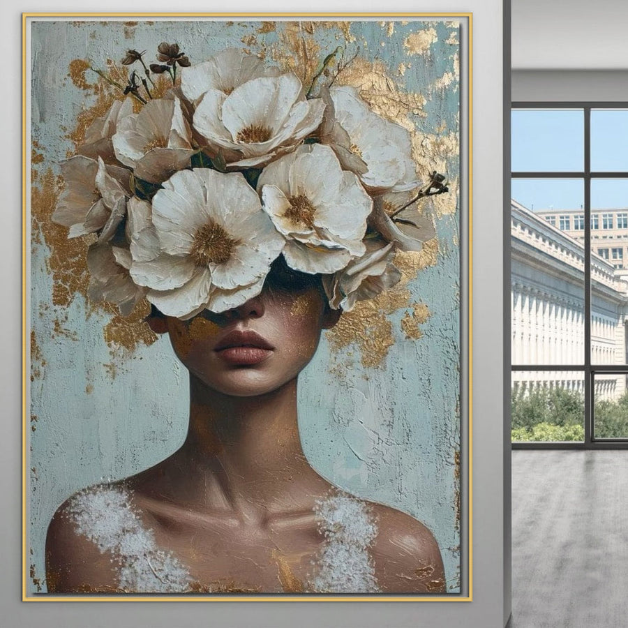 LuxCanva® Tablou Canvas Premium G1000 "Ganduri Inflorite" - portret cu flori albe și accente aurii, imprimat pe pânză de bumbac, culori vibrante, ideal pentru living sau dormitor.