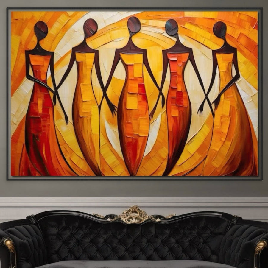 Tablou Canvas Premium LuxCanva® G1001, "Armonie Feminina", prezintă cinci femei abstracte în rochii vibrante portocalii și galbene, simbolizând prietenia și conexiunea - o piesă uimitoare pentru camera de zi sau dormitorul dvs. de la LuxCanva®.