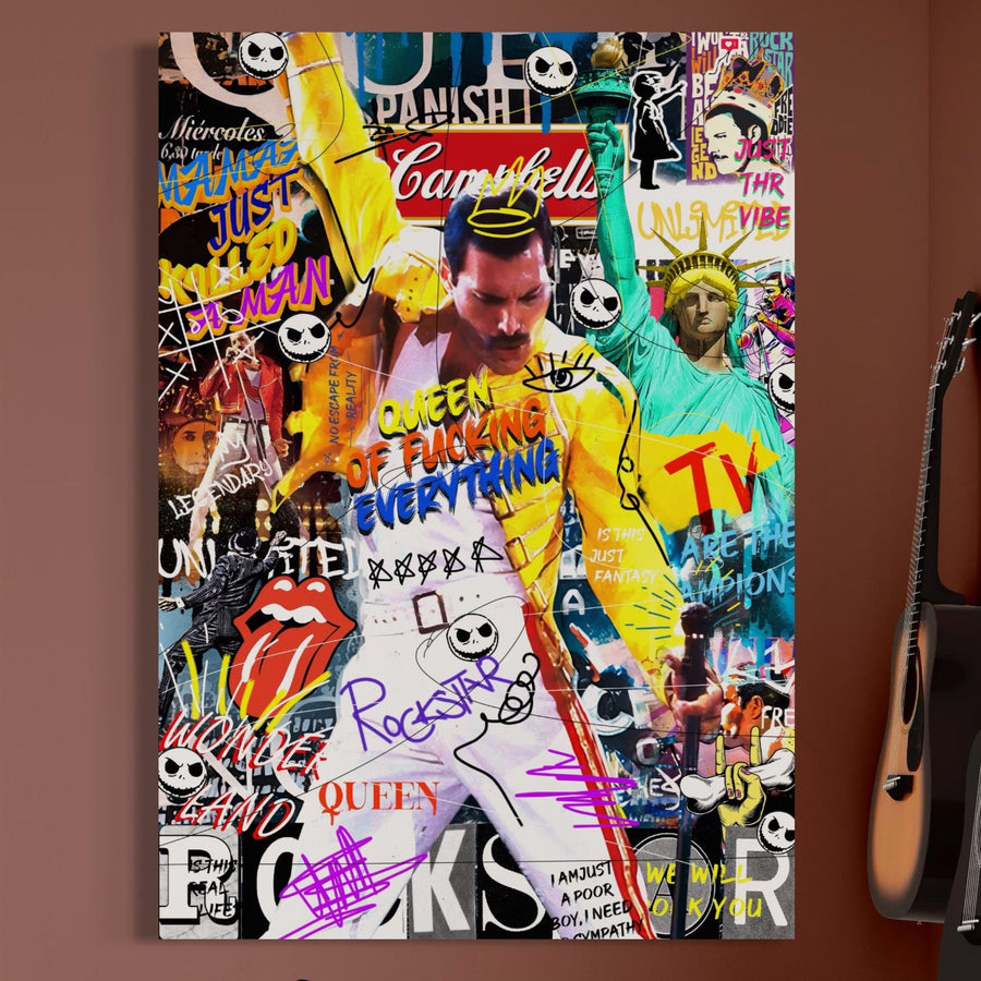 Adaugă energie vibrantă spațiului tău cu Tablou Canvas Premium LuxCanva® A1017-Freddie Mercury în postura iconică, stil pop art, imprimat pe panza bumbac pentru calitate premium. Exclusiv de la LuxCanva®, perfect pentru fanii legendarului star rock Queen!.